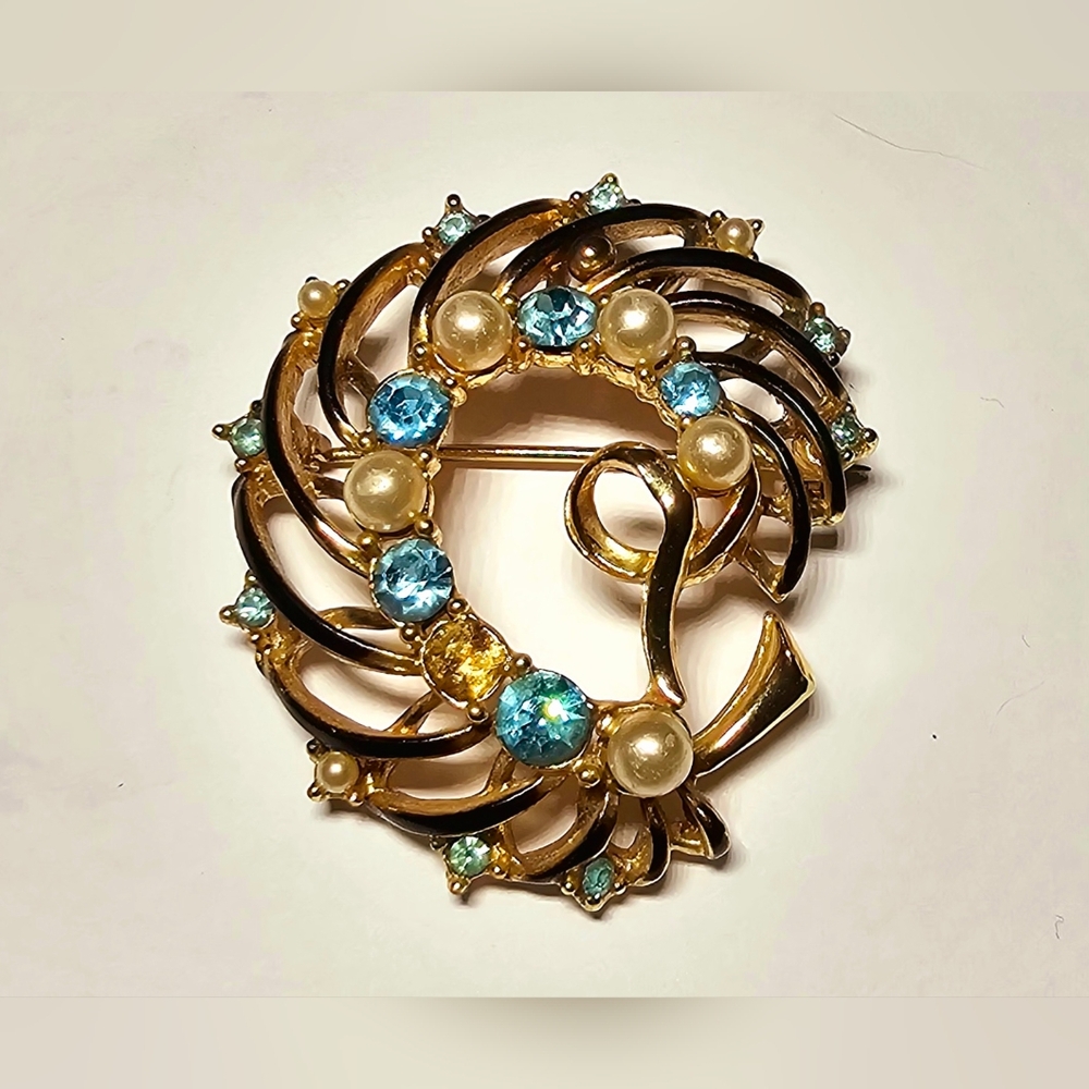 Mid century vintage blue stone with pearl fan swirl brooch